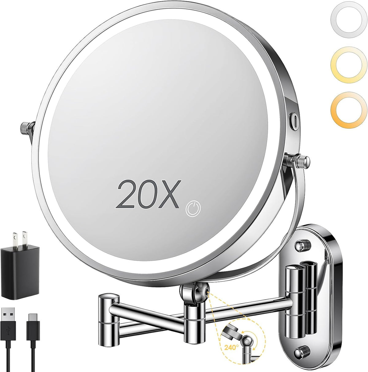9-Inch Wall Mounted Lighted Makeup Mirror with 4000mAh Rechargeable Battery and Extendable Arm