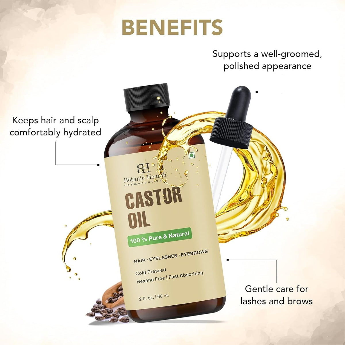 Pure Castor Oil Hair Treatment for Frizz Control and Nourishment - 2 Fl Oz