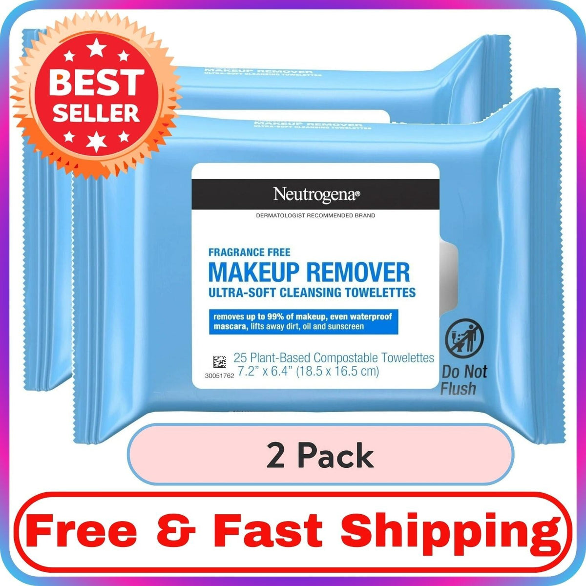 Makeup Remover Wipes Face Cleansing Towelettes Fragrance-Free 25 Count 2 Pack
