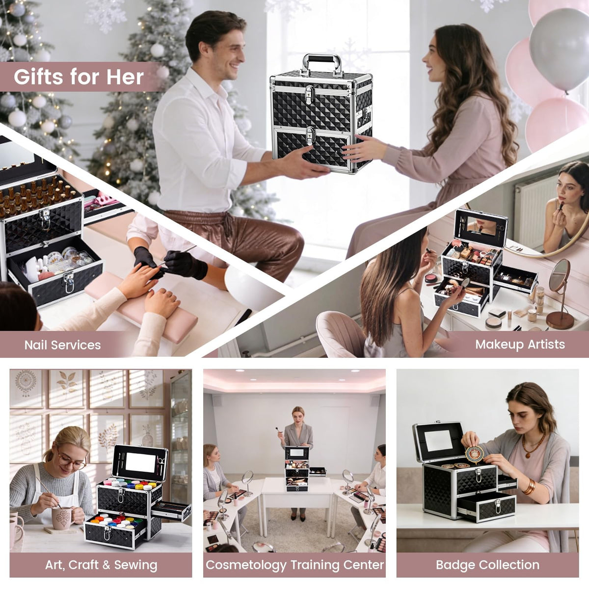 Travel Nail Polish Makeup Train Case with Mirror and Lock - Black