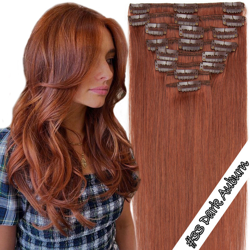Clip-In Hair Extensions Full Head Set - 100% Remy Human Hair, Straight, Thick, Multiple Colors & Lengths