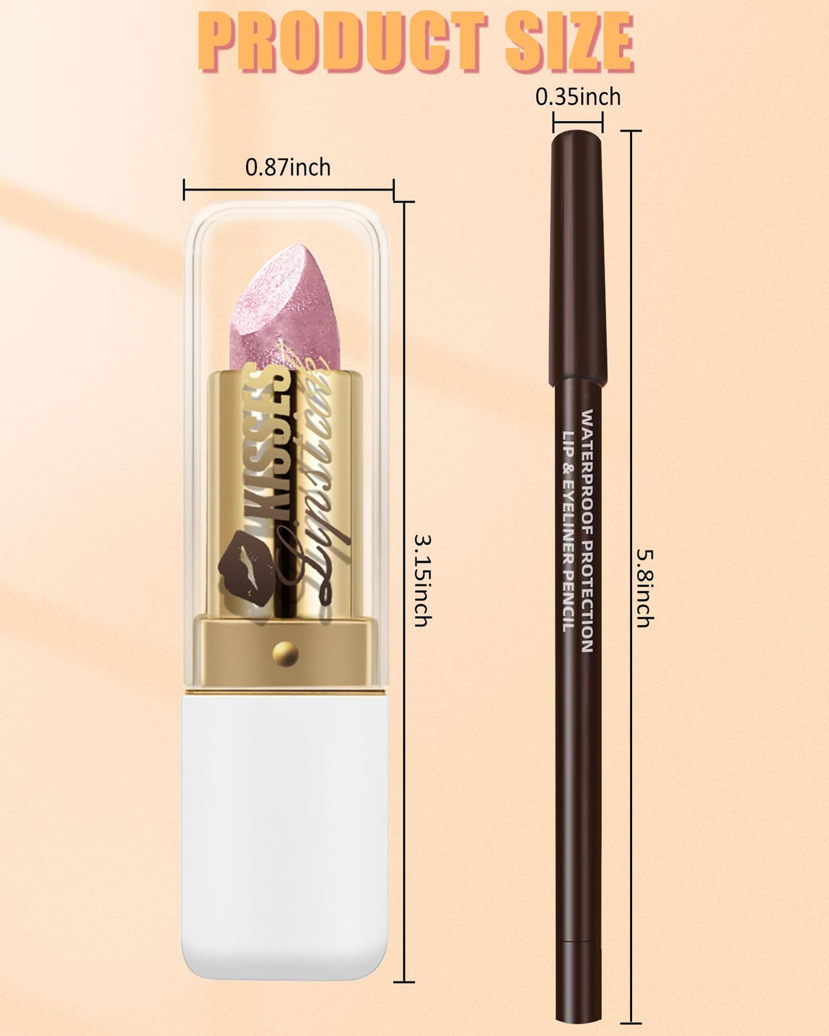 Pink Shimmer Lipstick and Brown Lip Liner Set - Long Lasting & Glitter Finish