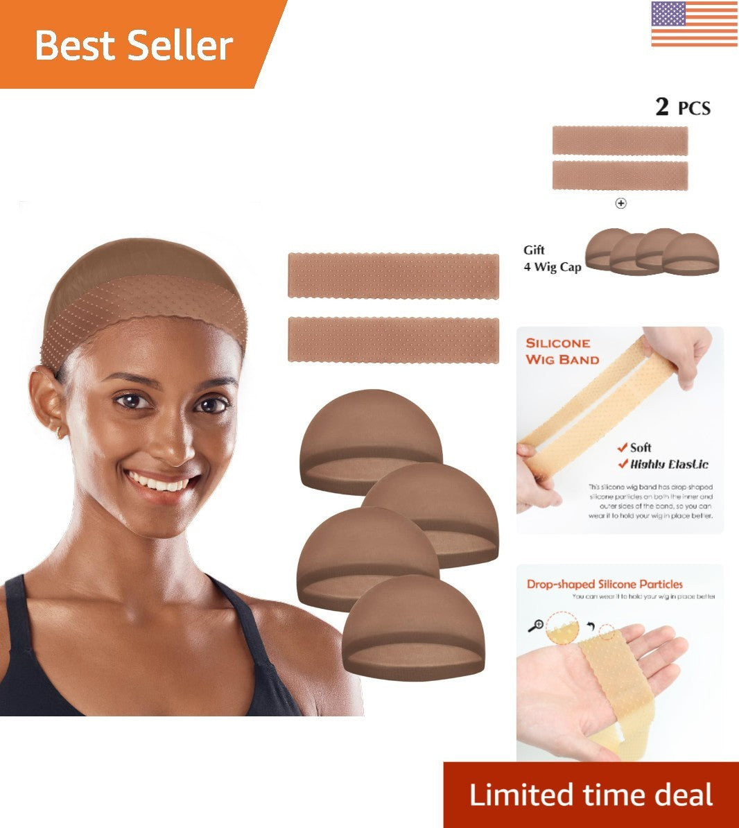Adjustable Silicone Wig Grip Bands for Lace Front Wigs - Brown, 2 Pack