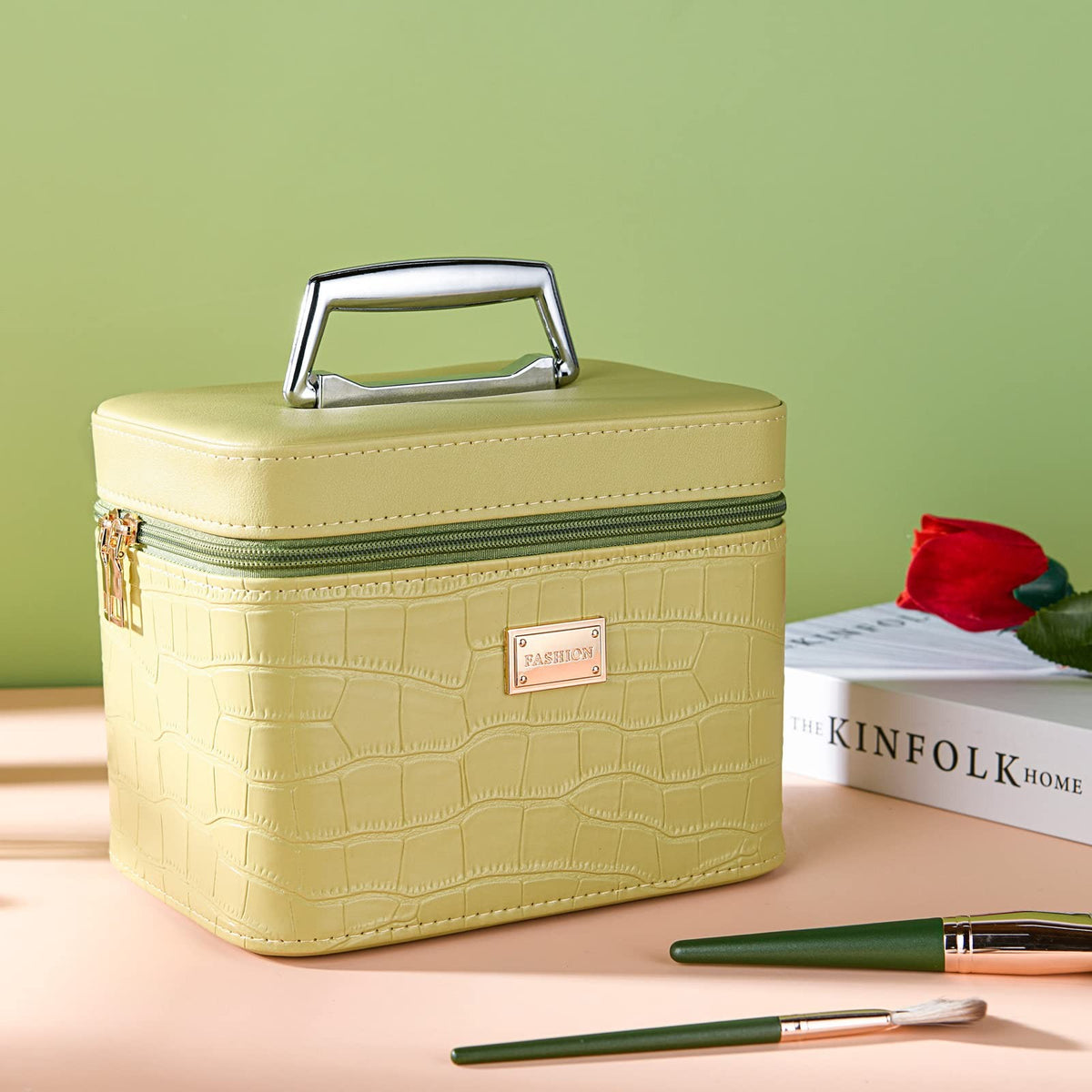 Portable Leather Makeup Train Case with Mirror for Women - Green