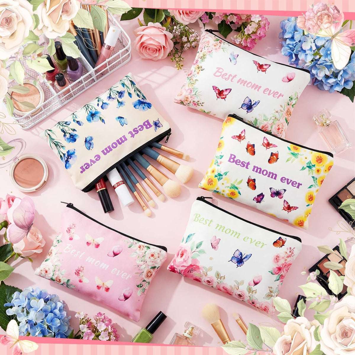 10-Pack Multicolor Mom Ever Makeup Bags Gift Set - 9x6 Inches