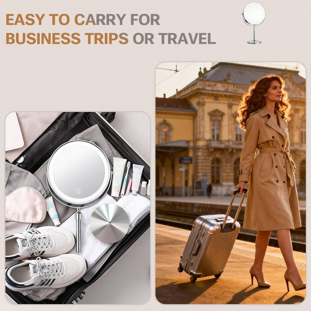 Makeup Mirror with Lights and 10X Magnification - Dimmable LED, Adjustable Height, 360° Rotation