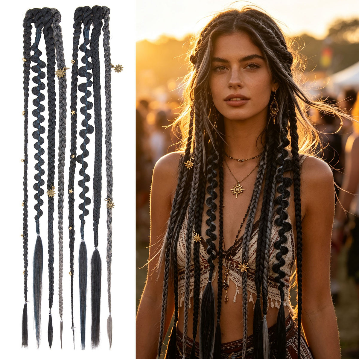Boho Clip-In Dreadlocks Hair Extensions with Beads & Charms - Festival Style
