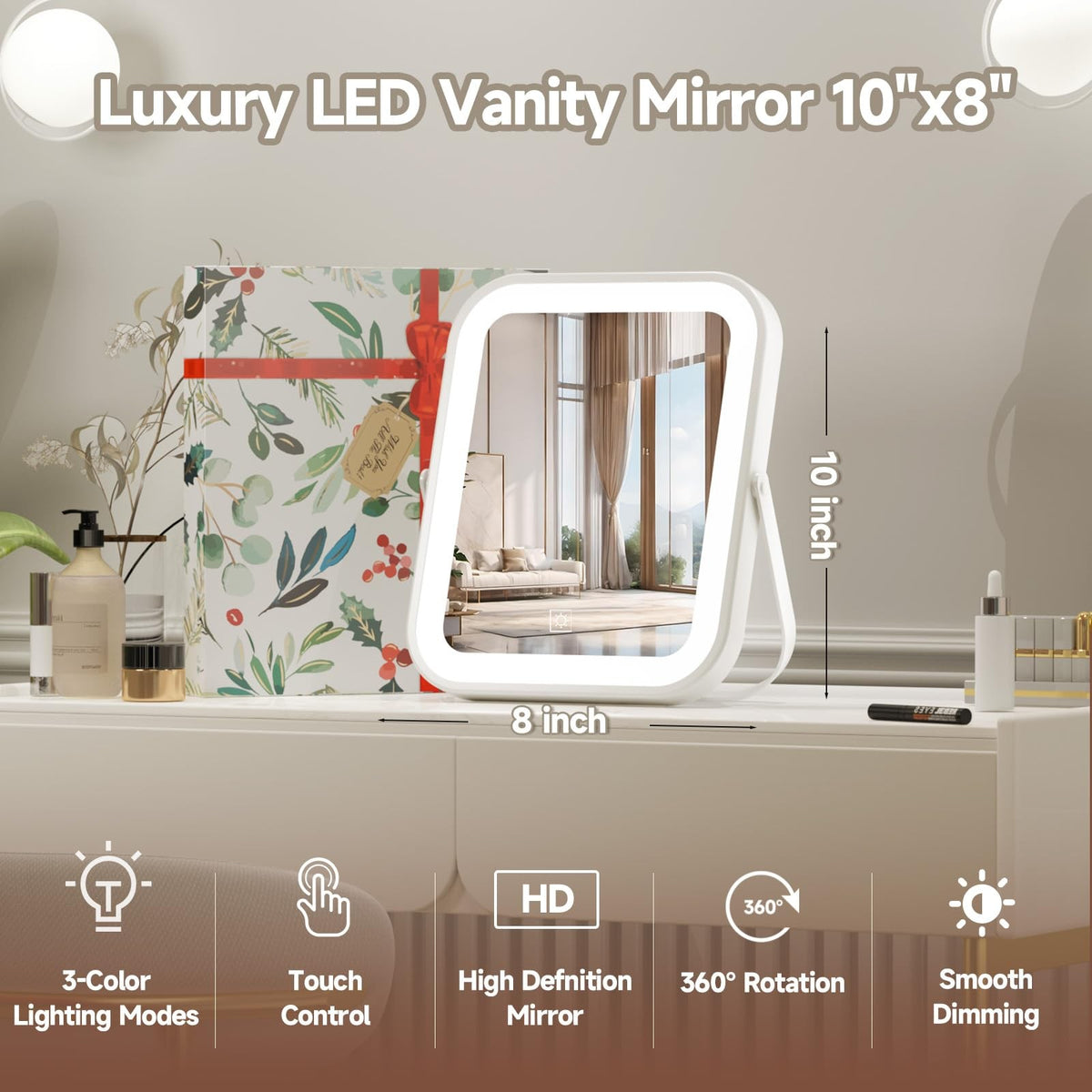 Travel LED Makeup Mirror with Lights, Portable Vanity Mirror with Adjustable Brightness