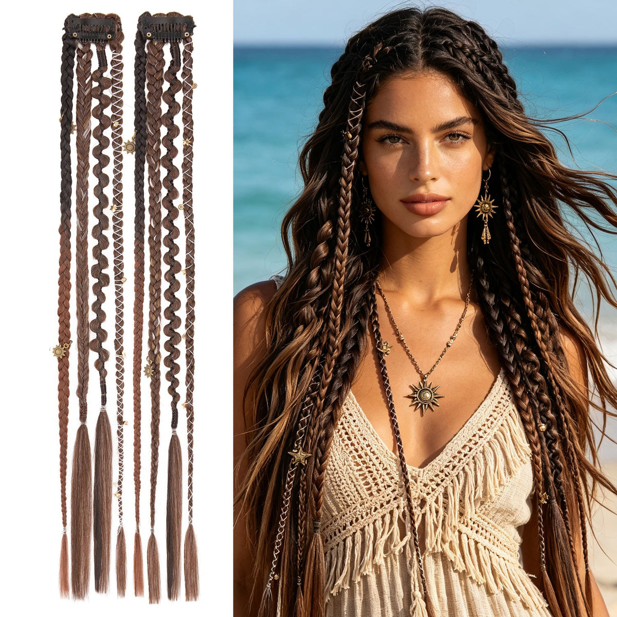 Boho Clip-In Dreadlocks Hair Extensions with Beads & Charms - Festival Style