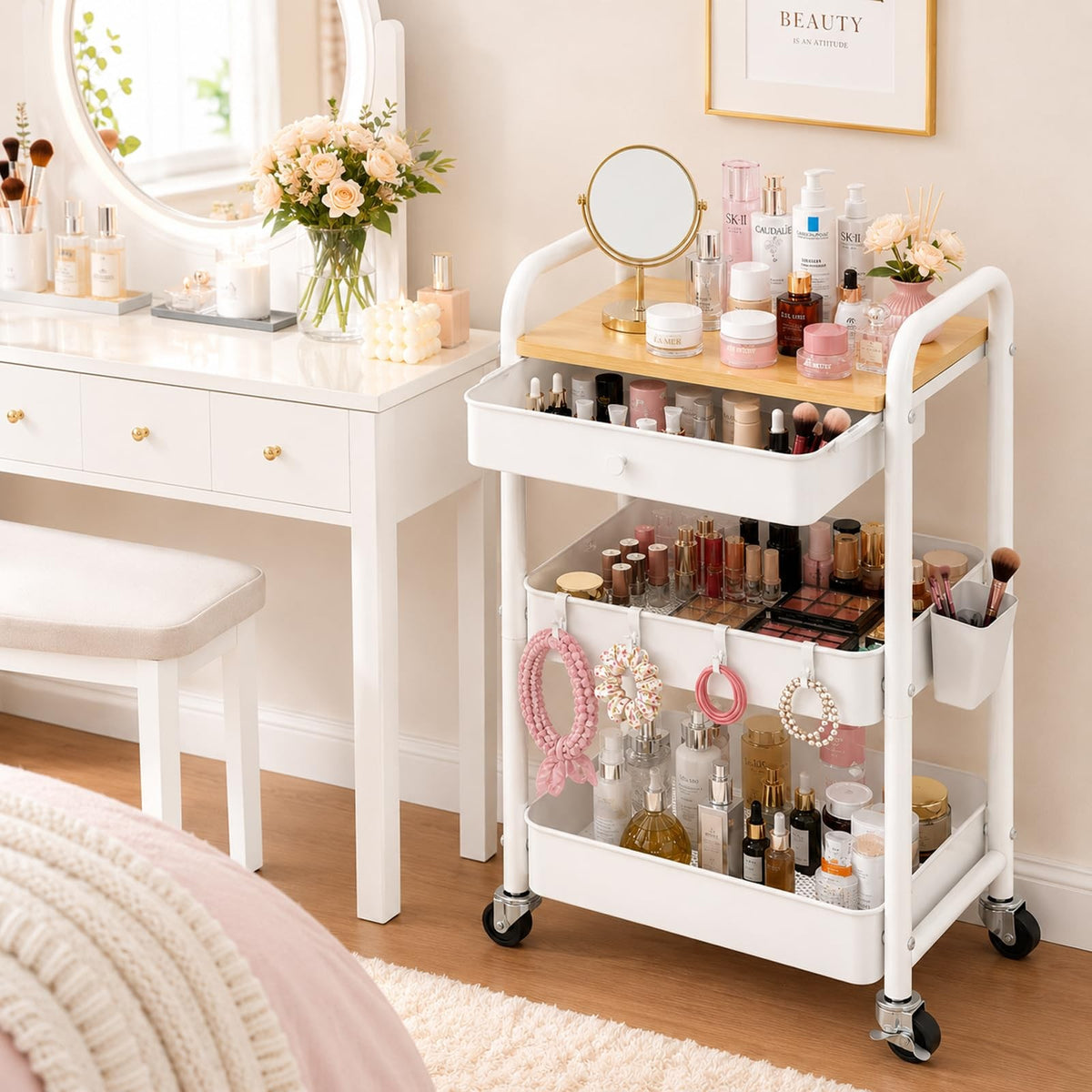 3-Tier Metal Rolling Makeup Cart with Drawers and Wheels, White, Portable Organizer