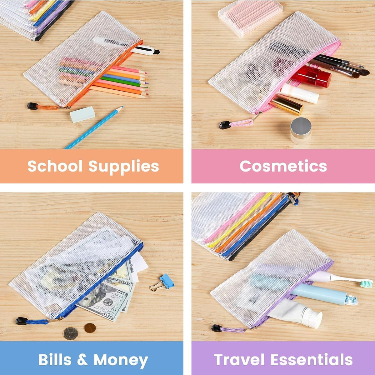 Clear Mesh Pouch Bags 24-Pack with Label Pocket for Travel & Classroom Organization