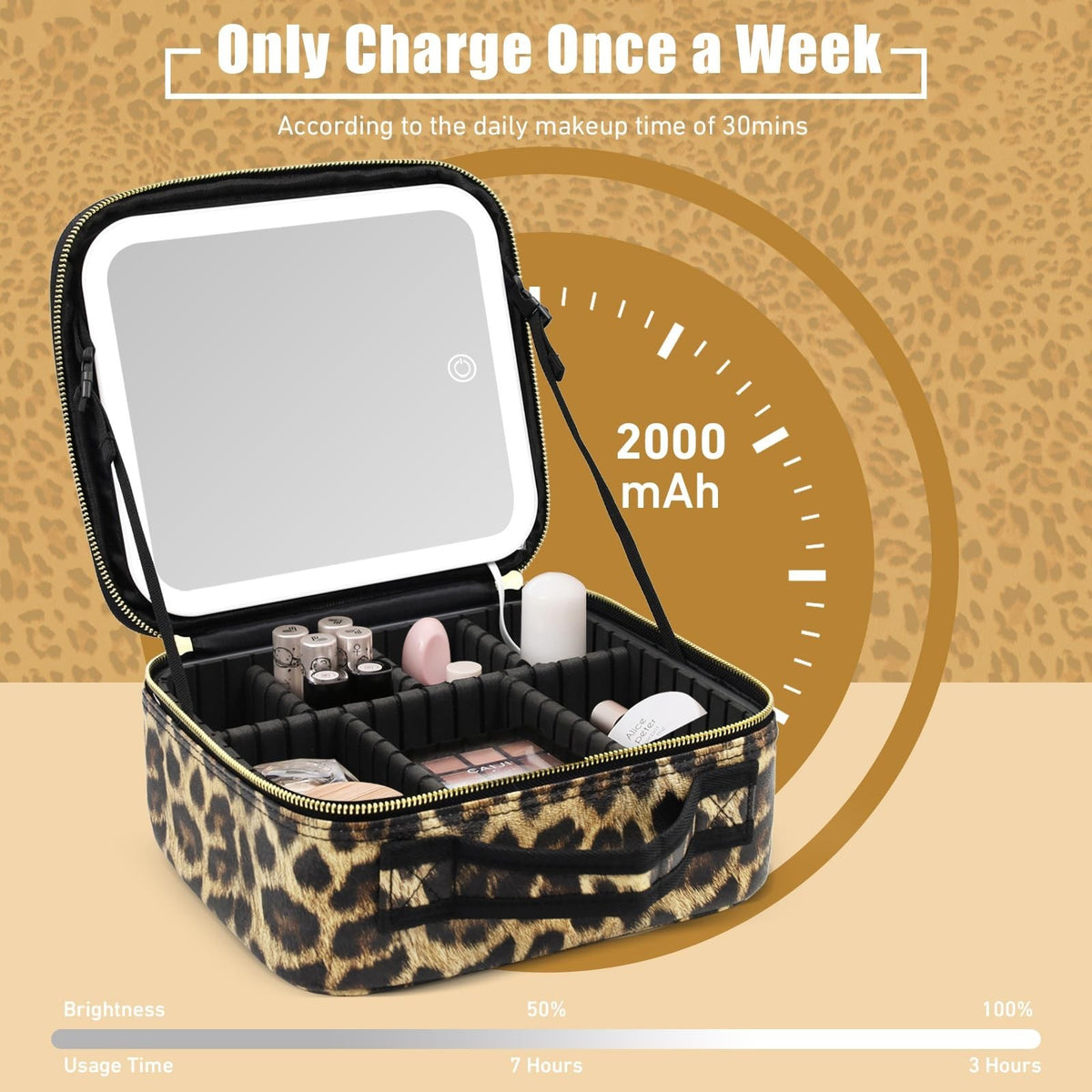 Travel Makeup Bag with Lighted Mirror & Adjustable Brightness - Leopard