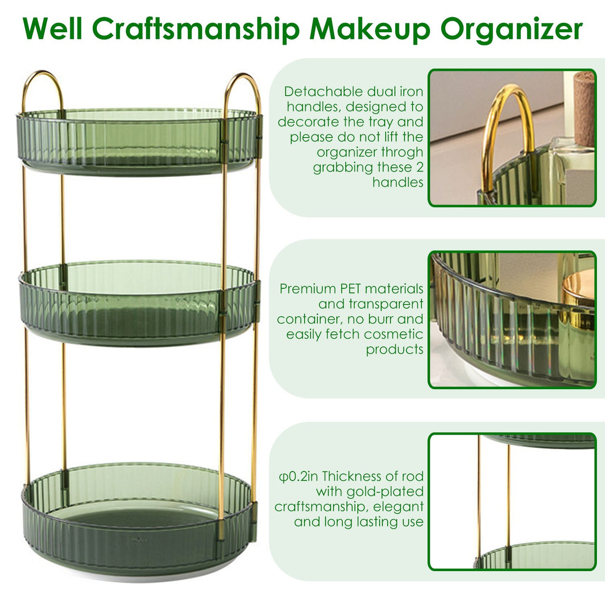 360 Degree Rotating Makeup Organizer Shelf, 3-Tier Lazy Susan Cosmetic Storage