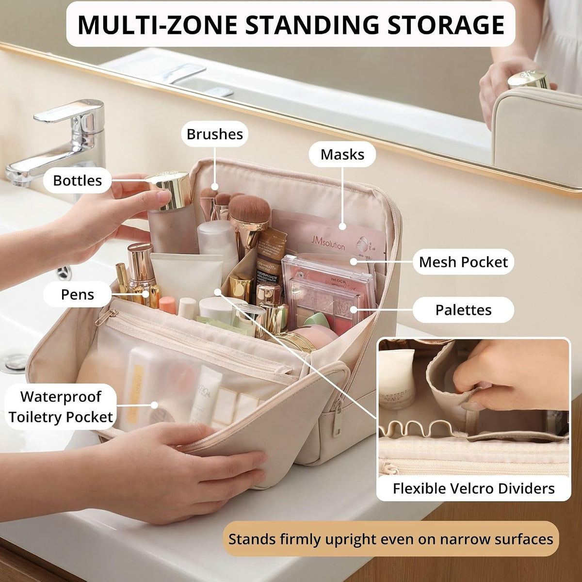 Travel Makeup Bag with Magnetic Fold-Down Flap Waterproof Leather Organizer for Women