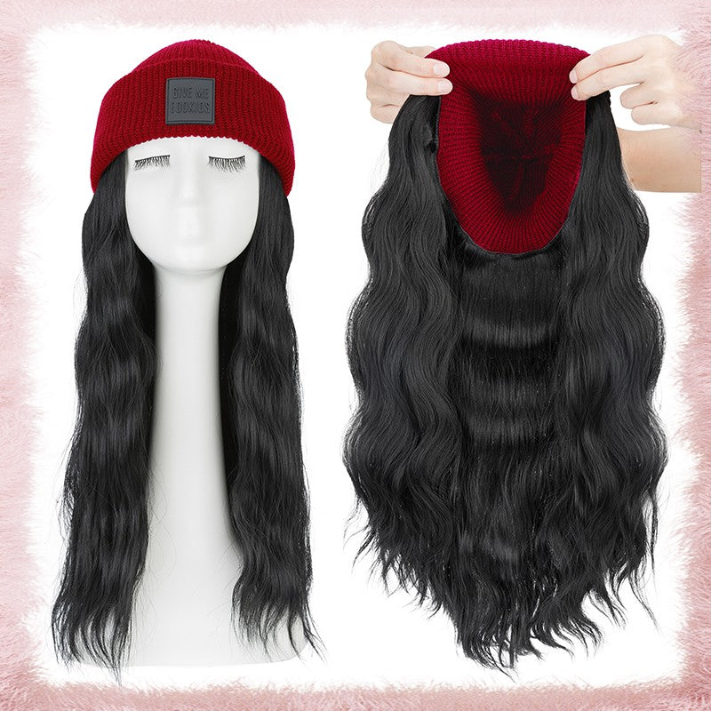 Women Knitted Wavy Wig Winter Beanie Hat - Long Curly Synthetic Hair