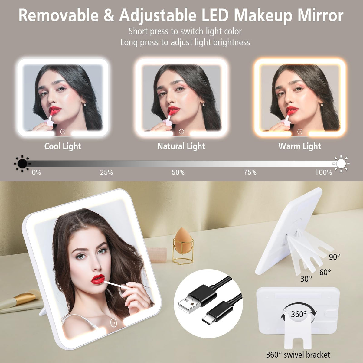 Travel Makeup Bag with LED Lighted Mirror, Adjustable Compartments, Waterproof Leather
