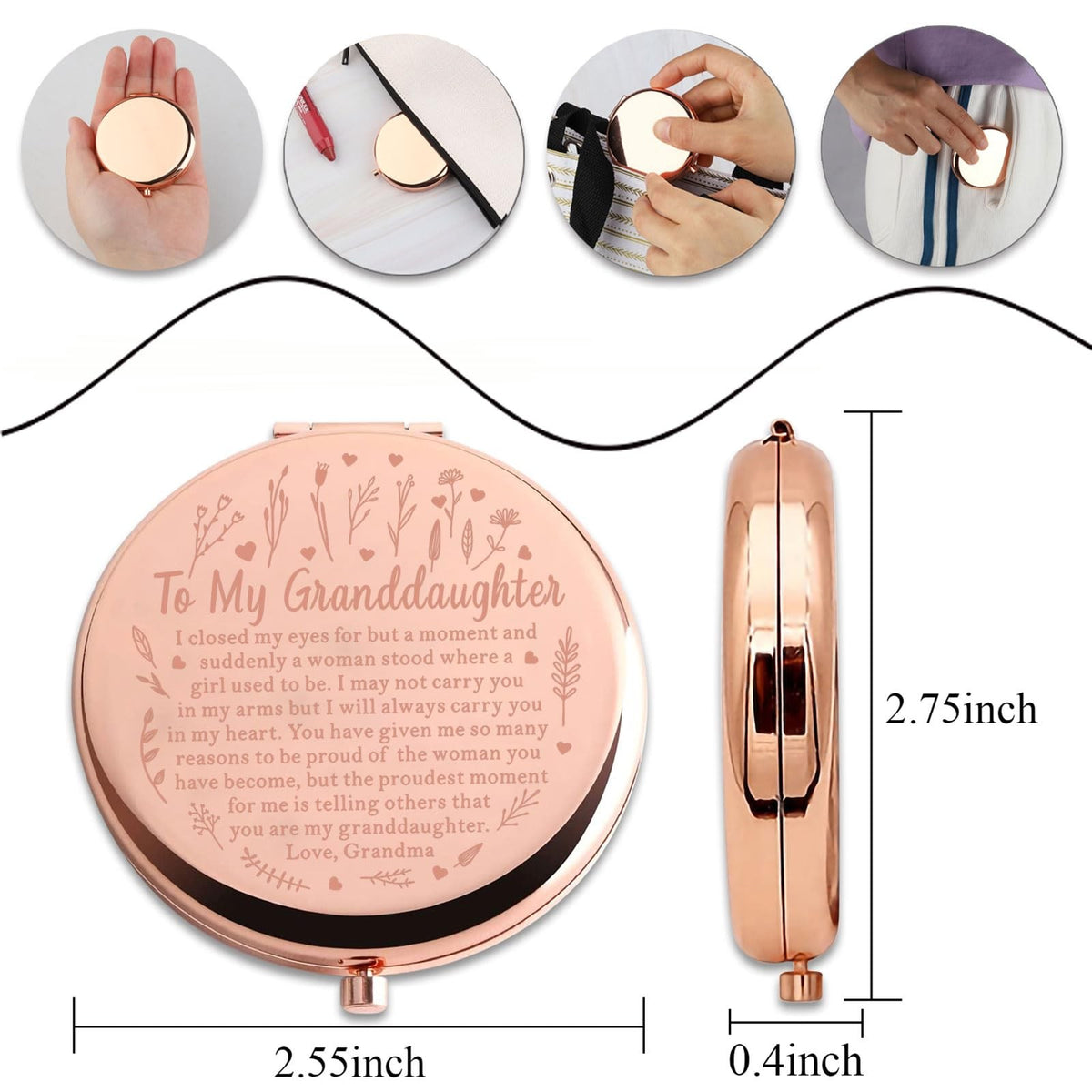 Personalized Compact Mirror for Granddaughter Graduation Gift - Double Sided Portable Makeup Mirror
