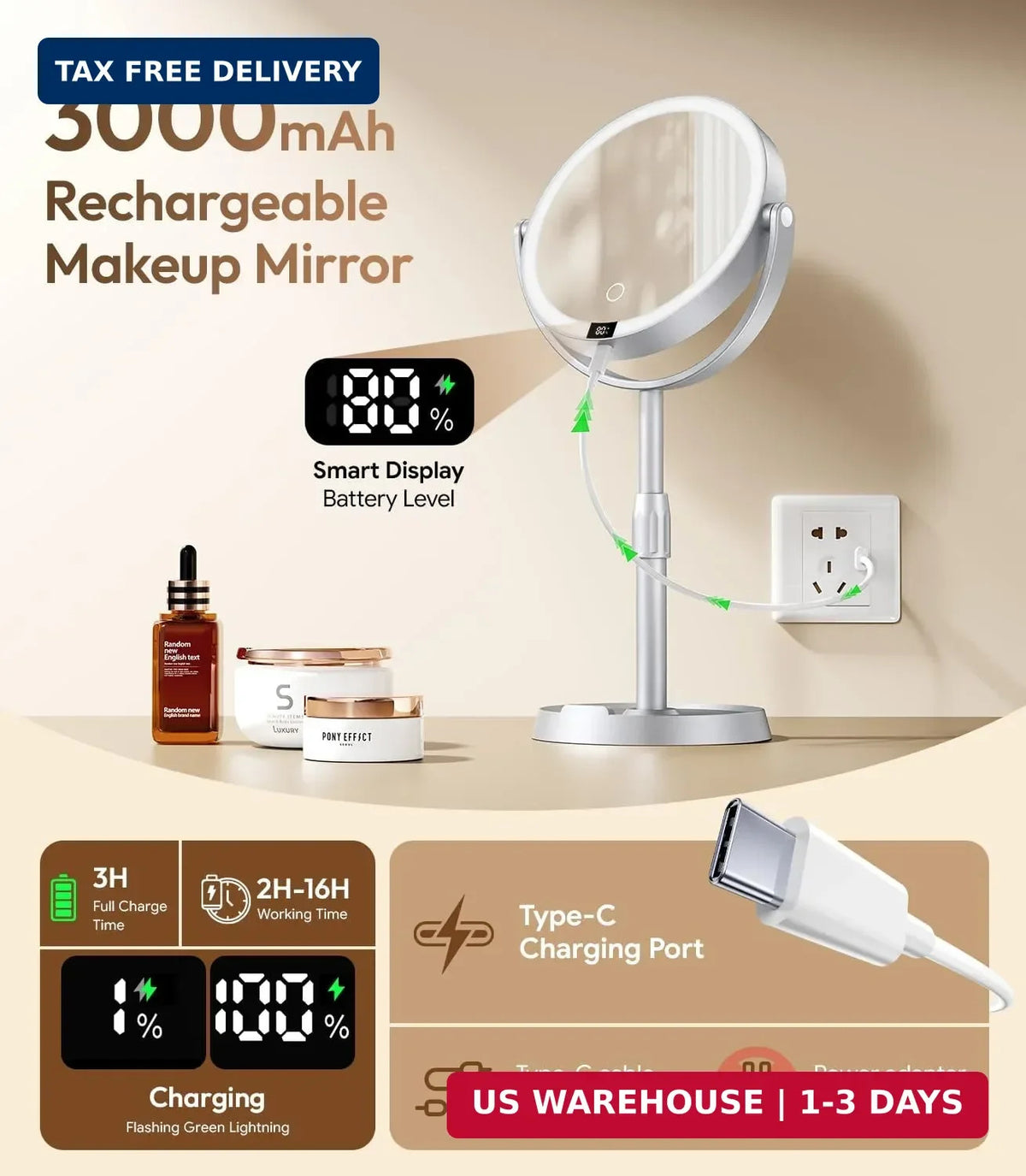 7-Inch Lighted Makeup Mirror with 1X/20X Magnification, Adjustable Height & LED Lights