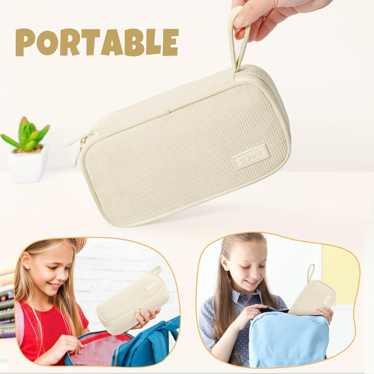 Beige Corduroy Pencil Case with Zipper - Spacious Stationery Organizer