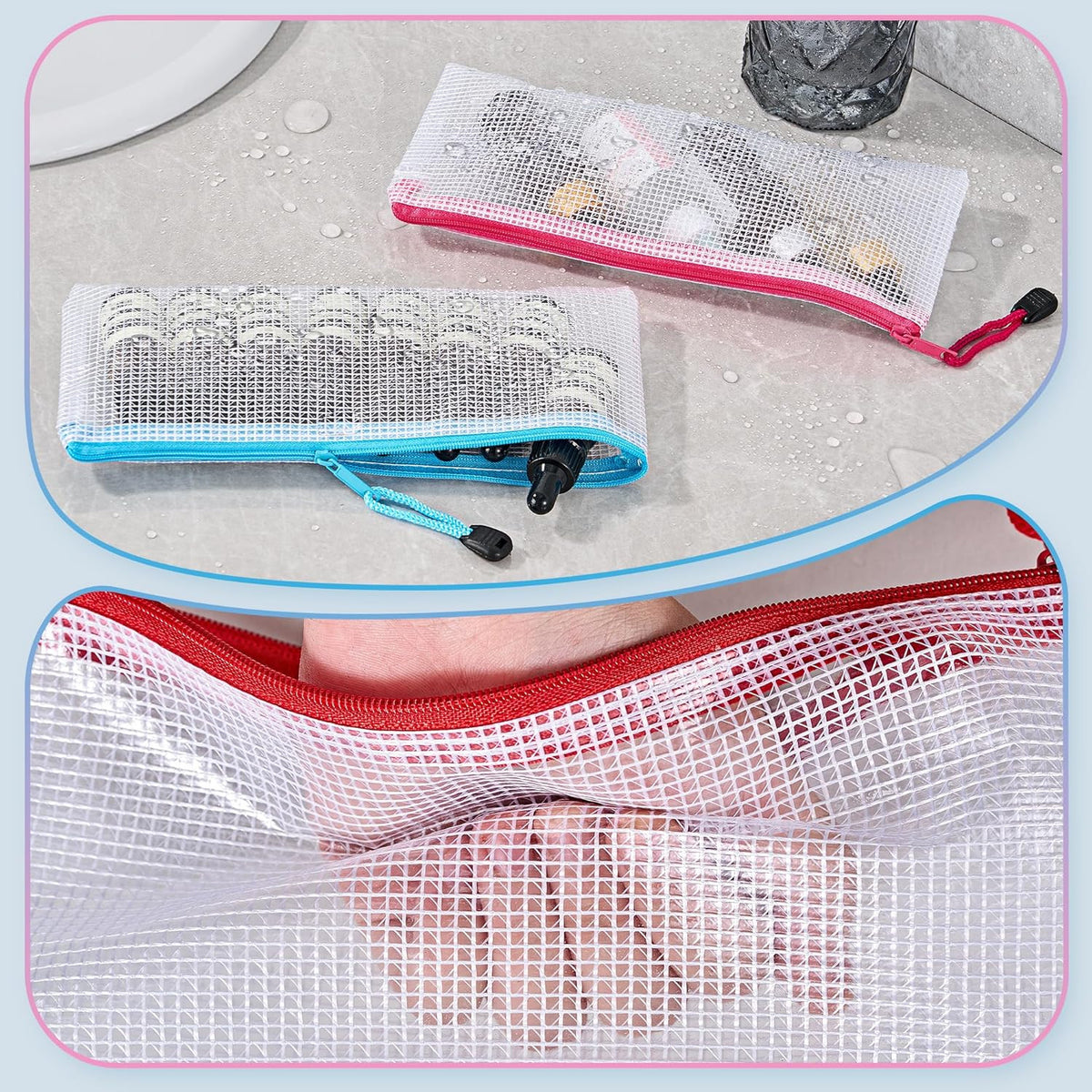Waterproof Mesh Zipper Pouch Bags for School Travel and Cosmetics - 24 Pack