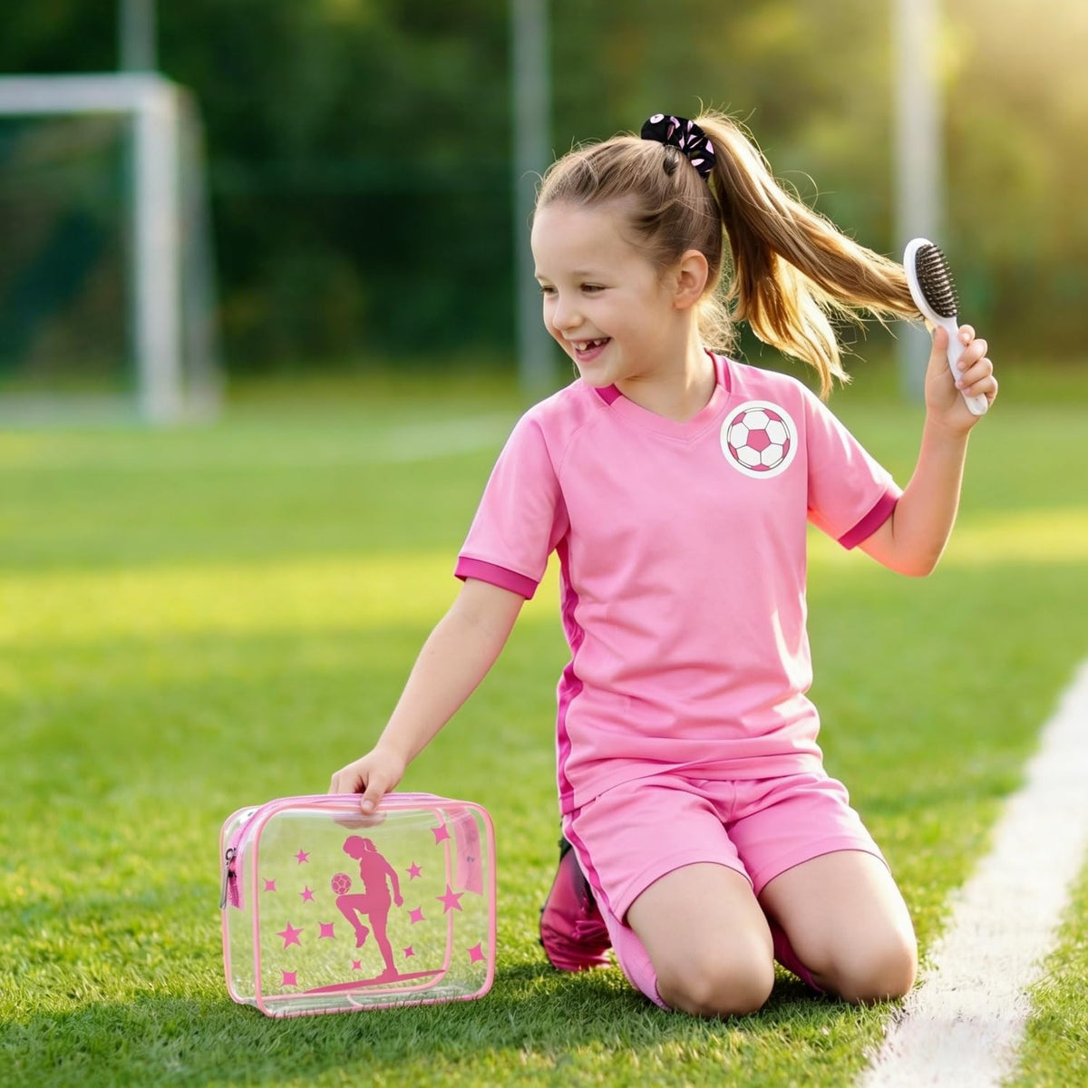 Soccer Party Favors Set with Clear Makeup Pouches & Hair Accessories - Pink 18pcs