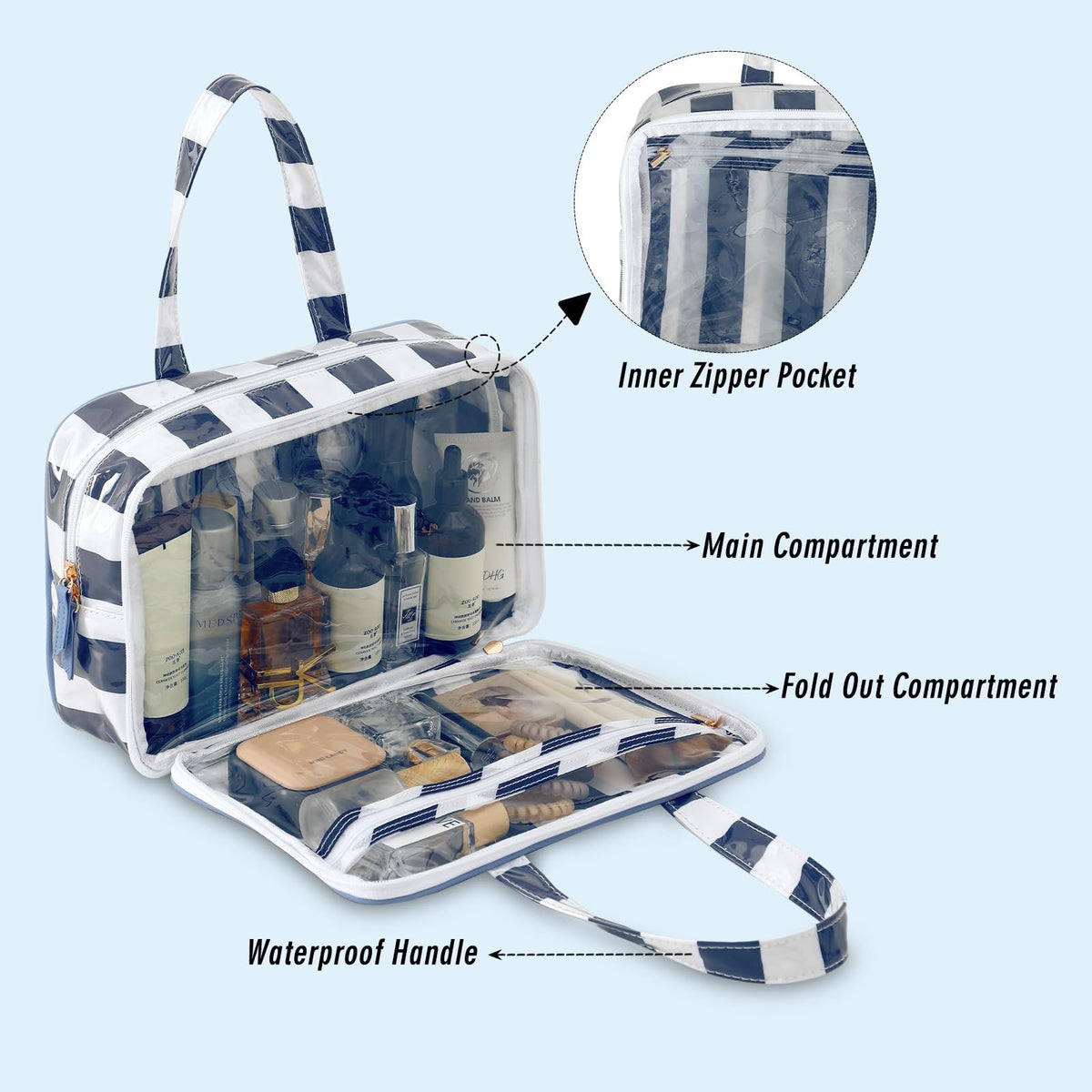 Waterproof Travel Toiletry Bag Women White Navy Stripe Organizer