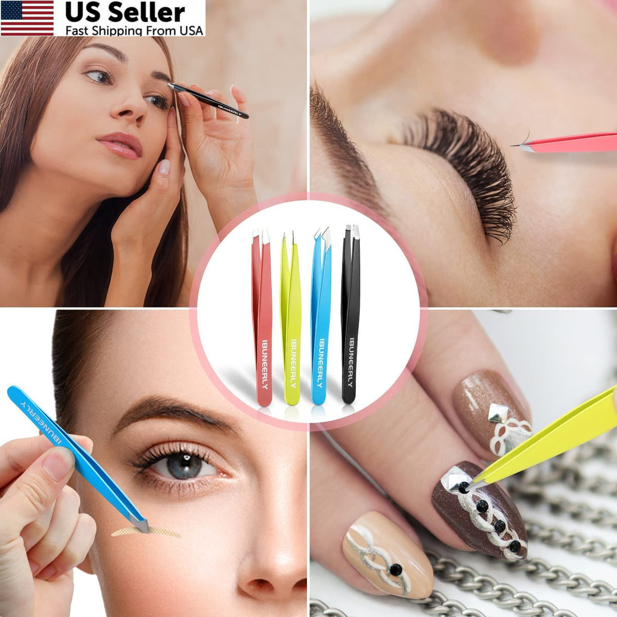 Stainless Steel Eyebrow Tweezers Set with Multi-Color Handles - 4 Pieces