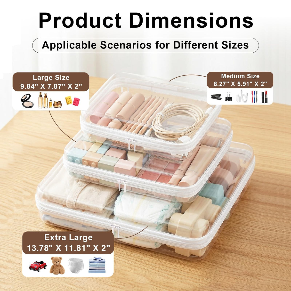 Transparent Waterproof Hard Shell Plastic Zipper Storage Pouches Set 3 Pack