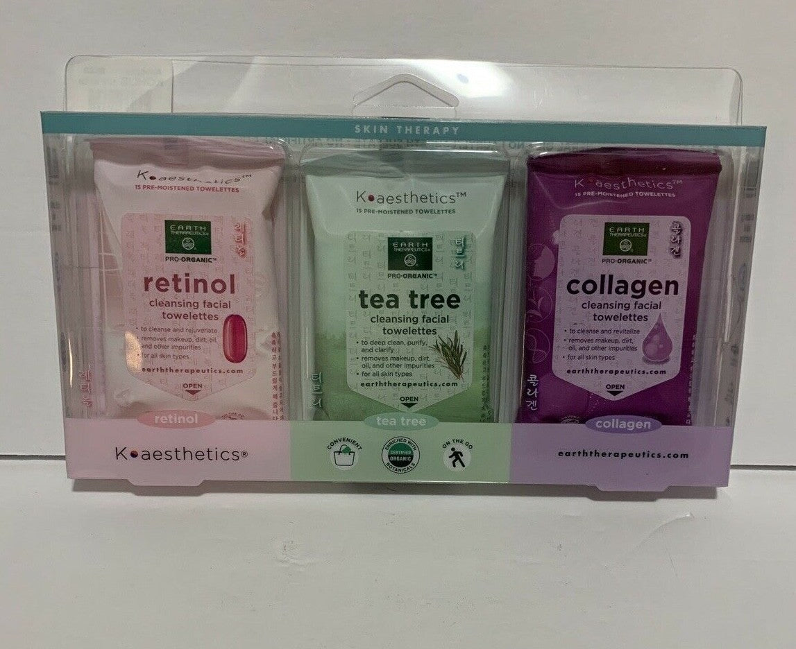 Earth Therapeutics 3-Pack Makeup Remover & Facial Cleansing Wipes with Retinol Tea Tree Collagen