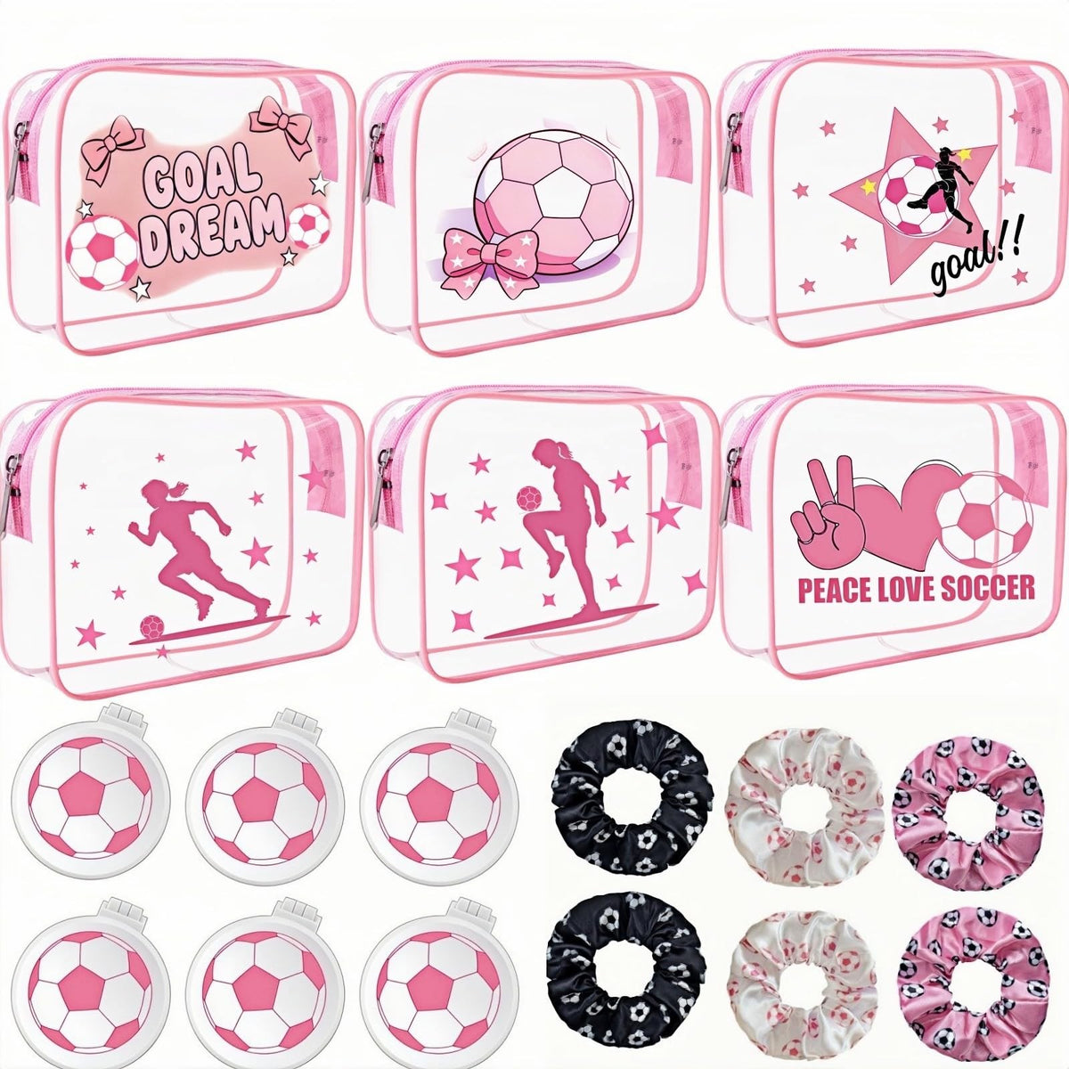 Soccer Party Favors Set with Clear Makeup Pouches & Hair Accessories - Pink 18pcs