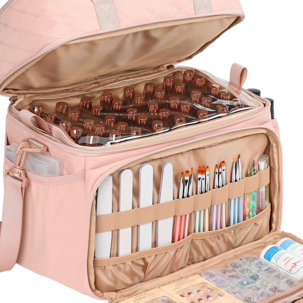 Double Layer Nail Polish Organizer with Lamp and Accessories Storage - Pink