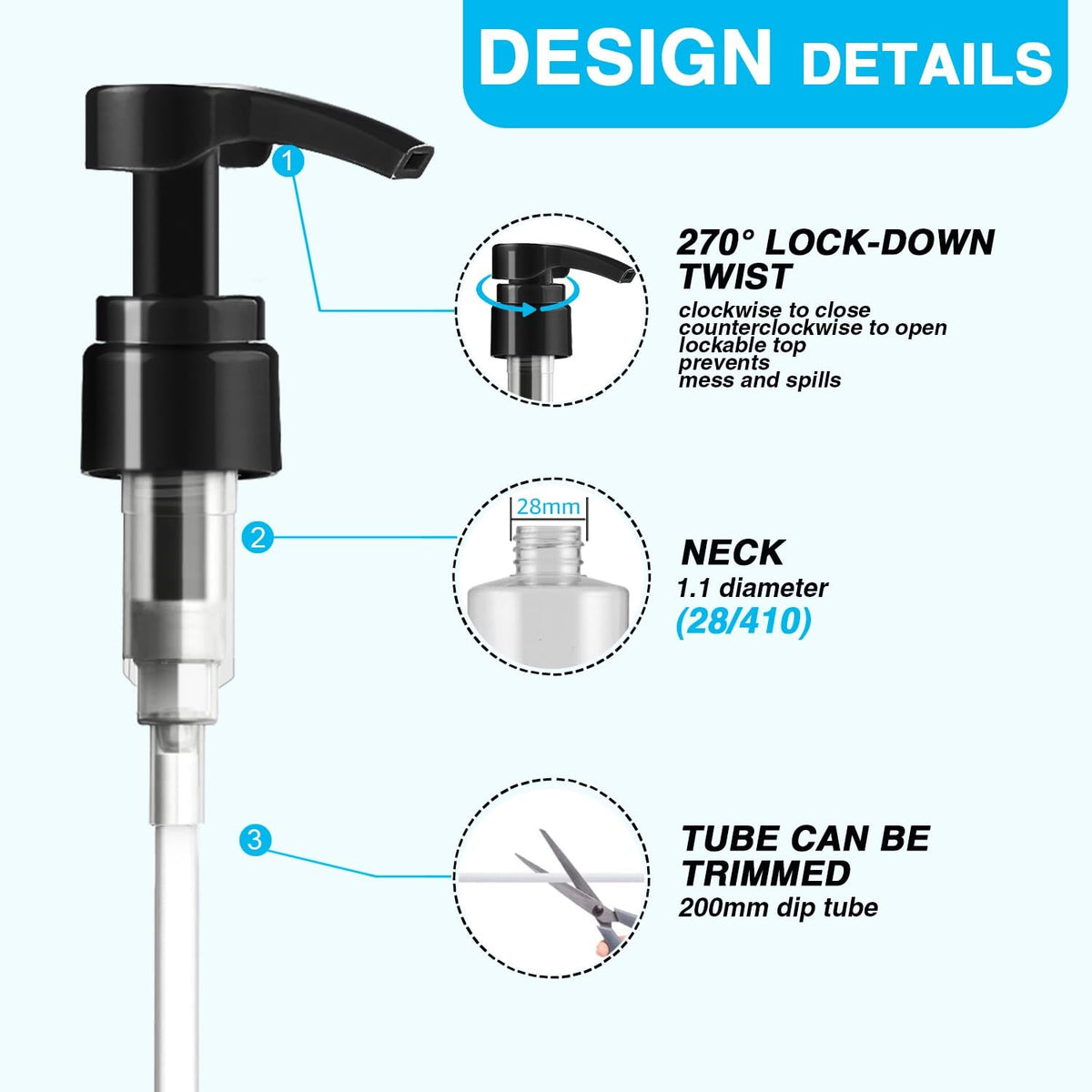 1L Shampoo and Conditioner Dispenser Pump - Rust-Resistant, Lockable, Fits 28mm Bottles