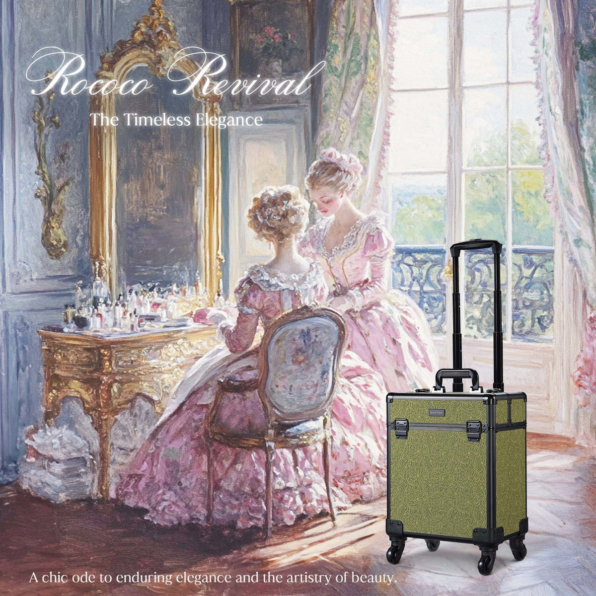 Rolling Makeup Train Case with Extendable Trays and Large Storage - Rococo Moss