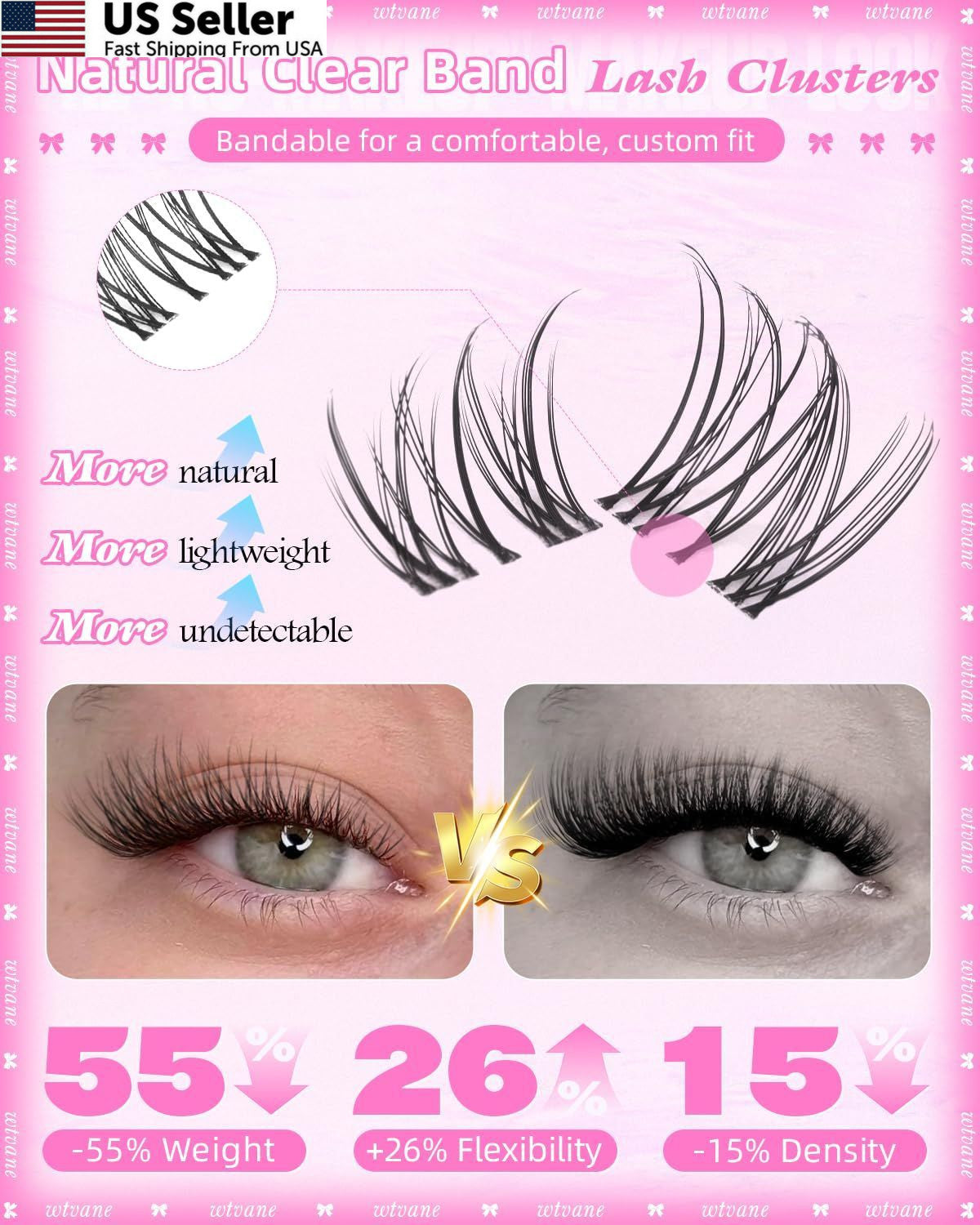 Short Clear Band Natural Lash Clusters - 8-10mm C-Curly Eyelash Extensions