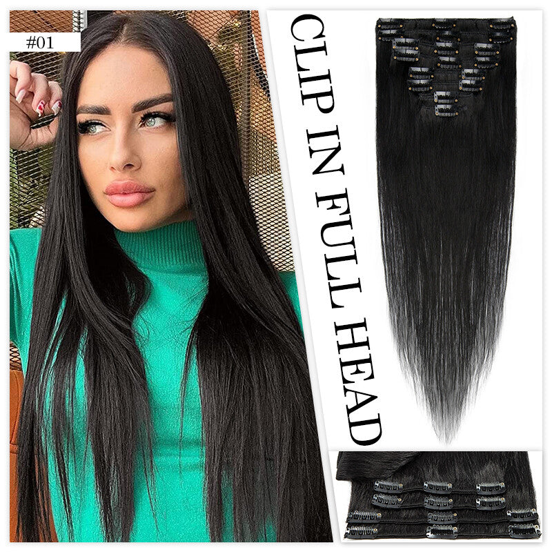 Clip-In Human Hair Extensions Full Head Set - Remy Straight Hair 8 Pieces