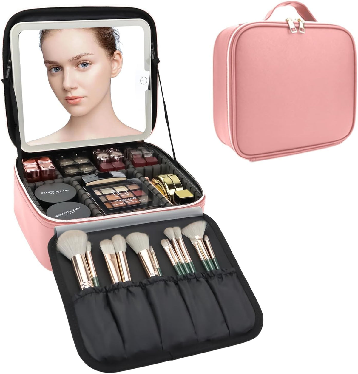 Travel Makeup Bag with LED Mirror and Adjustable Dividers, Waterproof