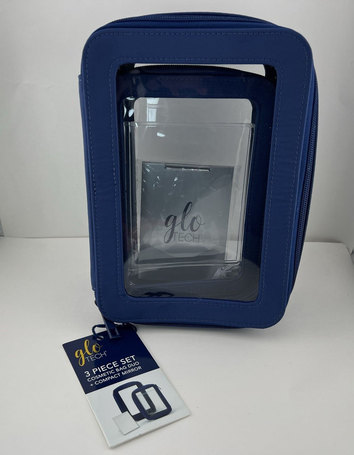Navy Blue 3-Piece Cosmetic Bag Set with Compact Mirror – Travel Toiletry Organizer