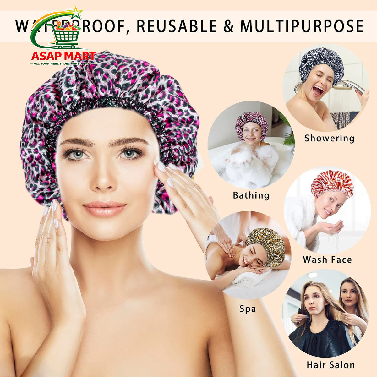4 Pack Waterproof Shower Caps for Women - Elastic, Reusable, Colorful Prints