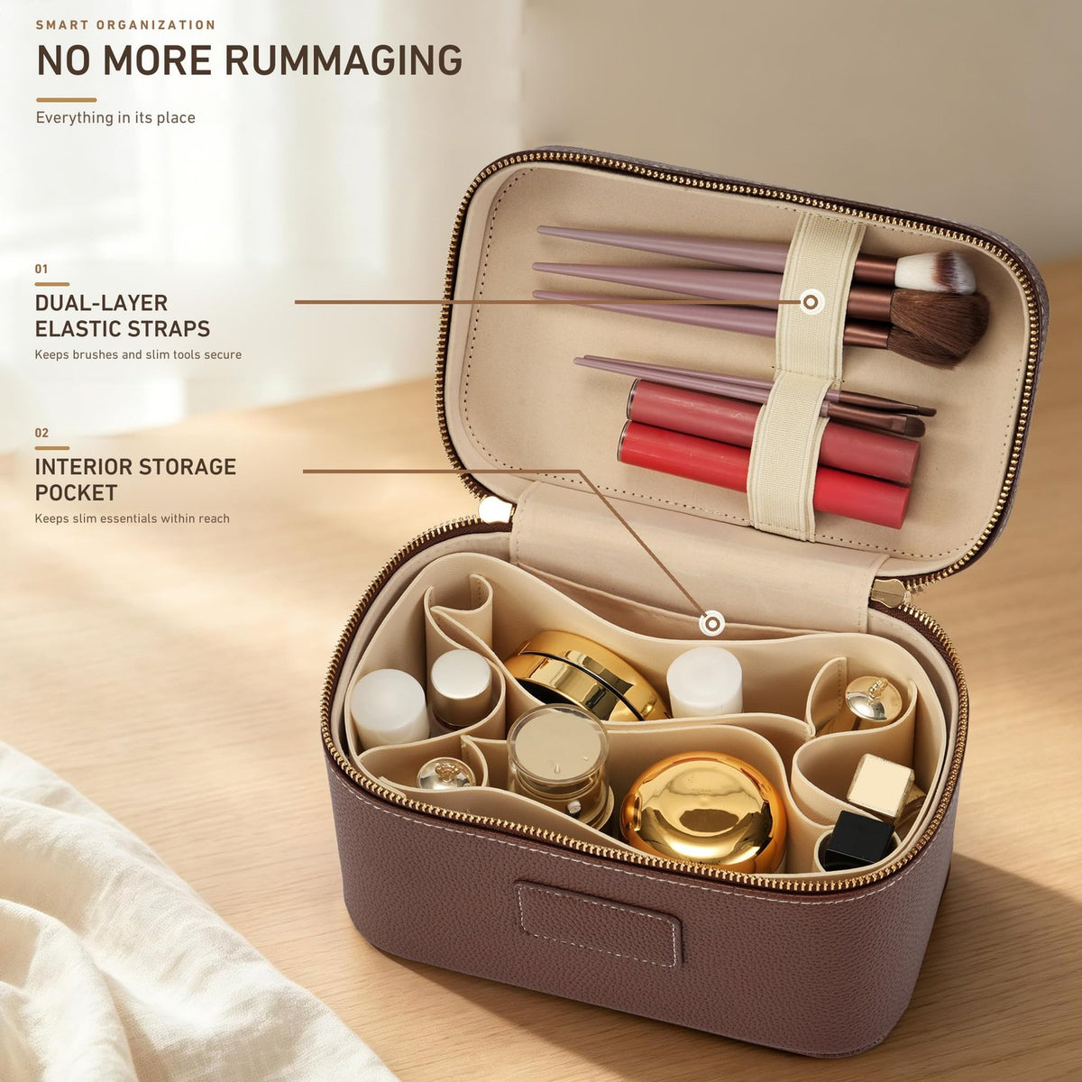 Waterproof Leather Makeup Bag with Removable Divider & Smart Organization