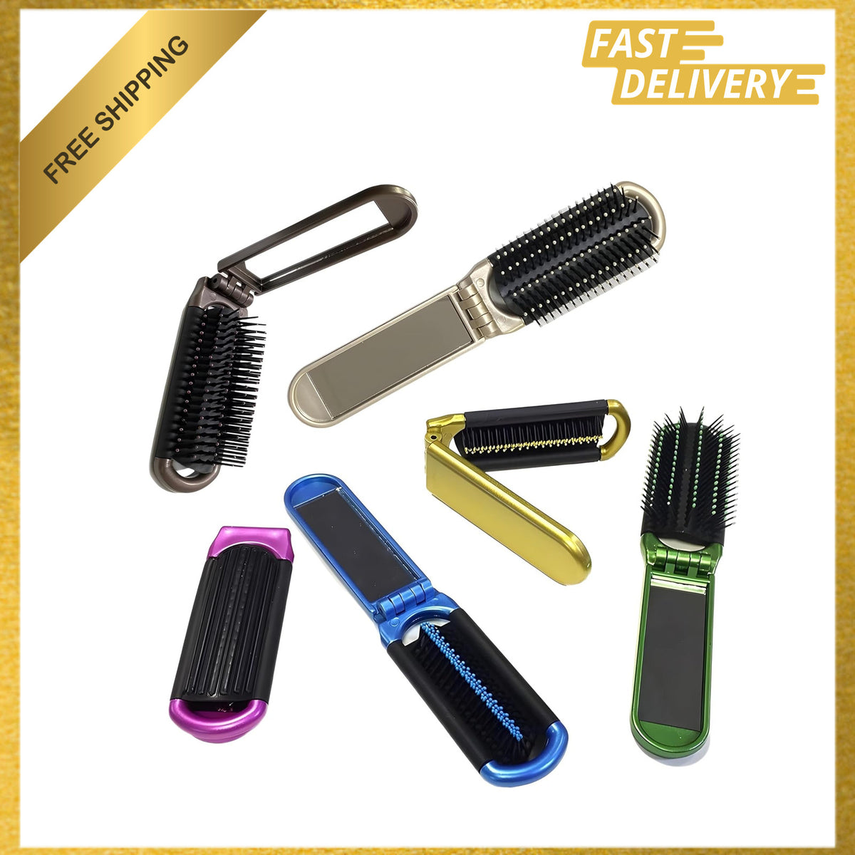 Travel Folding Hair Brush with Mirror - Compact Styling Brush Set