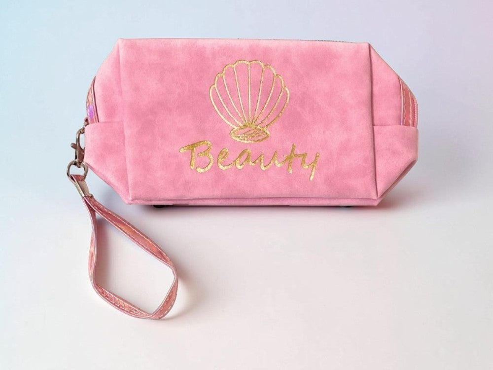 Pink Faux Leather Travel Cosmetic Pouch with Detachable Wristlet