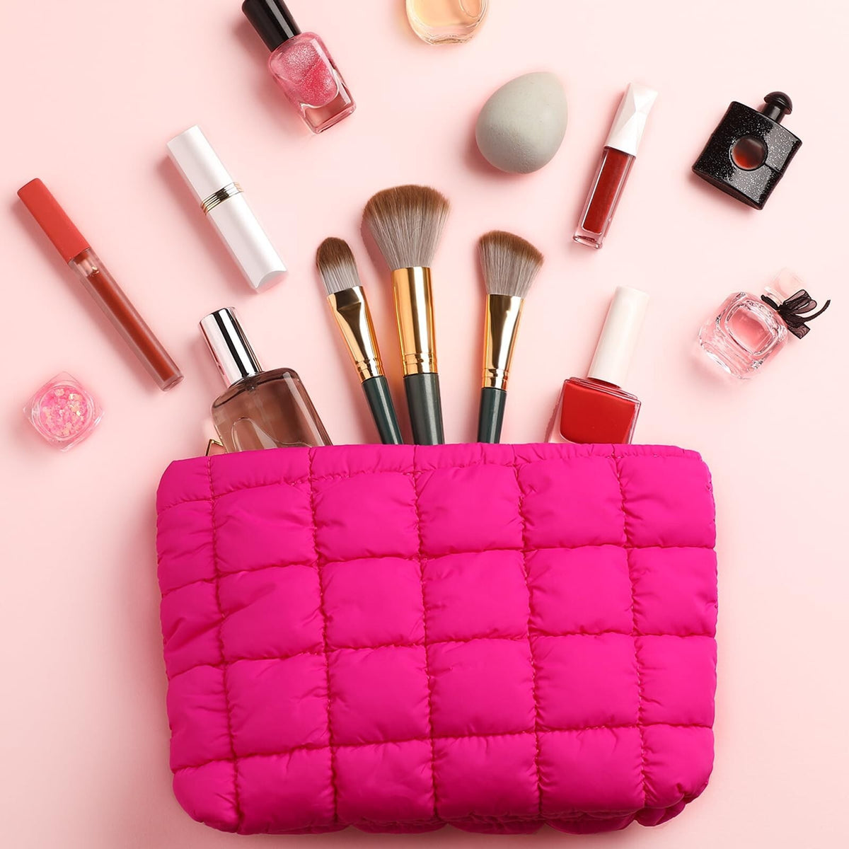 Puffy Quilted Makeup Bag with Zipper - Travel Cosmetic Organizer, Rose Red