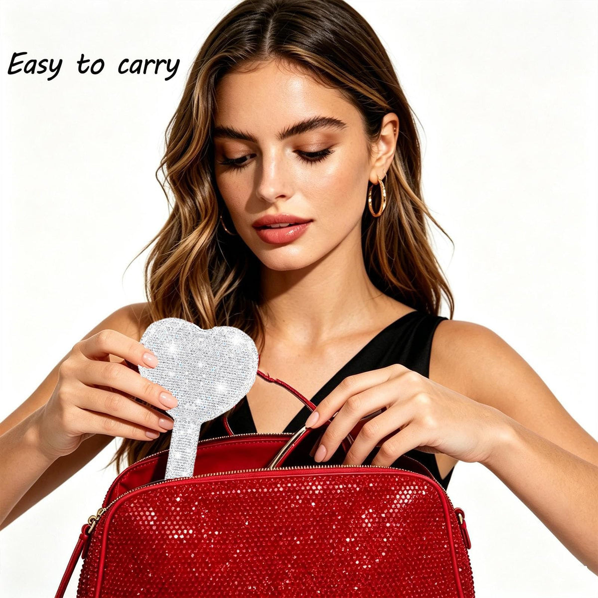 Heart-Shaped Rhinestone Handheld Mirror with Bling Glitter for Travel & Makeup
