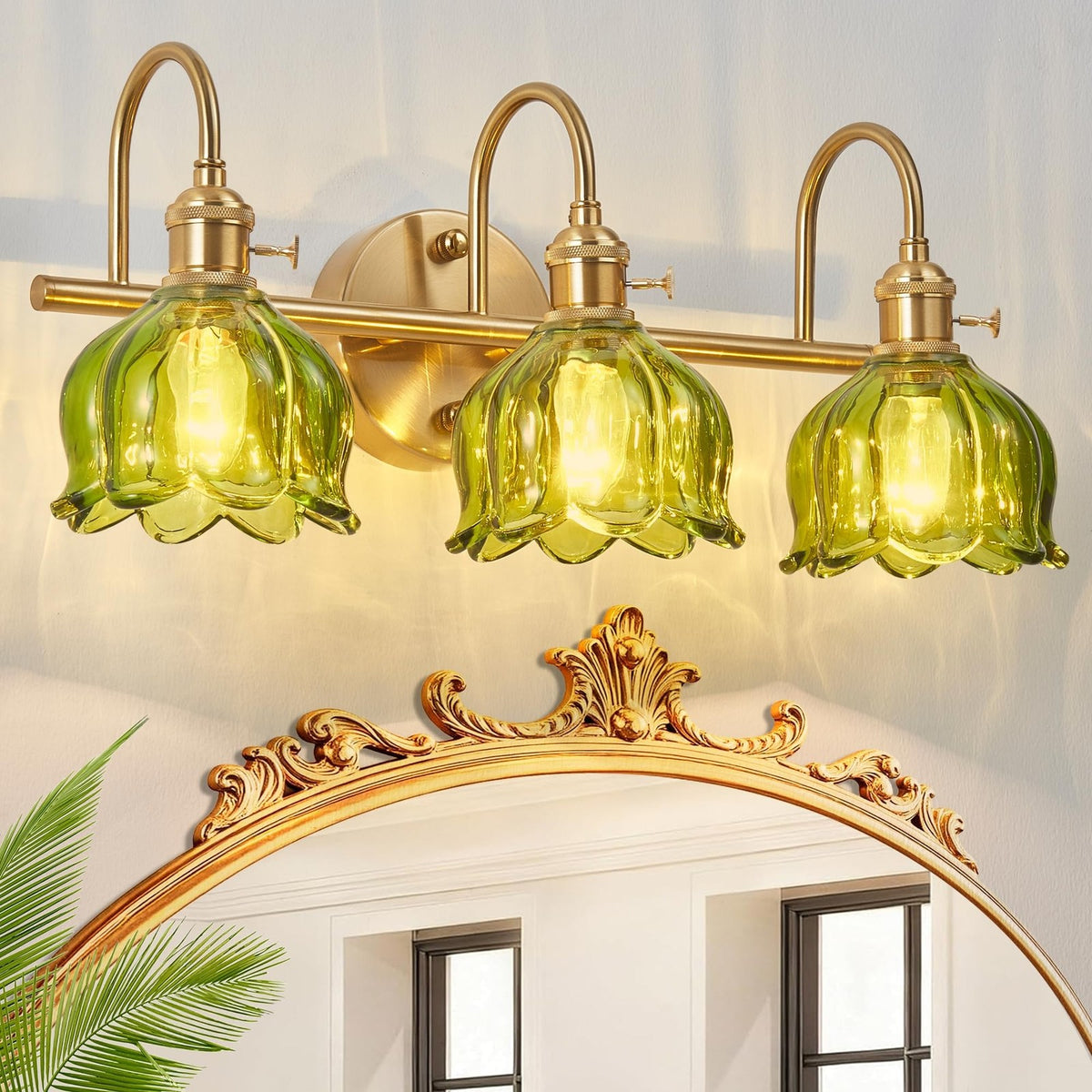3-Light Brushed Gold Bathroom Vanity Light with Green Tulip Glass Shades
