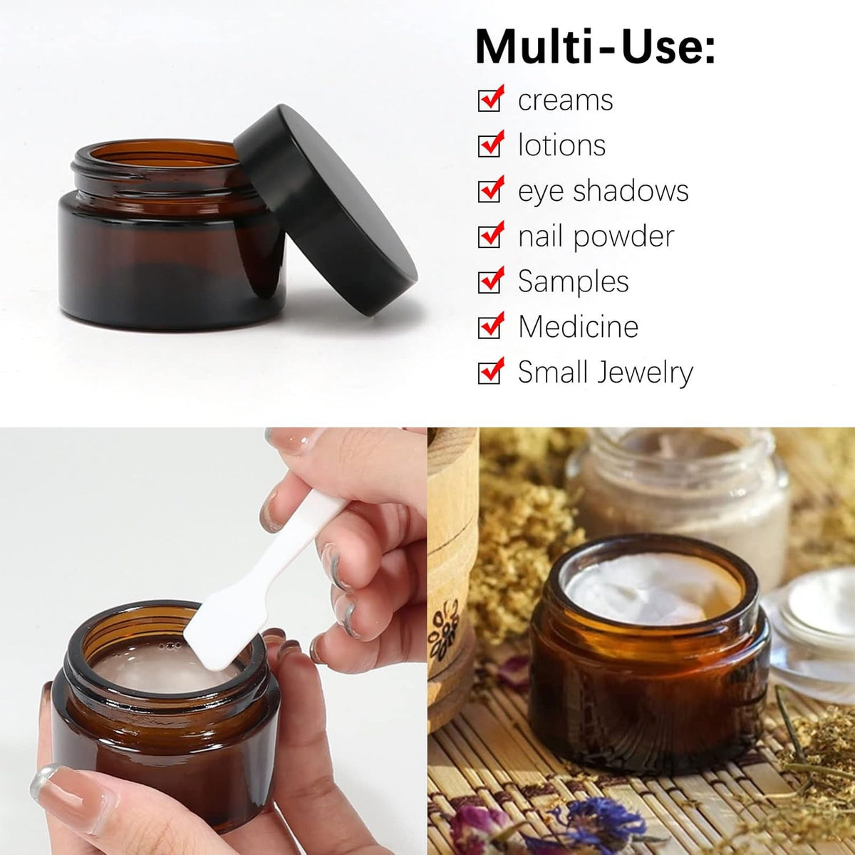24 Pack 1 oz Amber Glass Cosmetic Jars with Black Lids and Labels