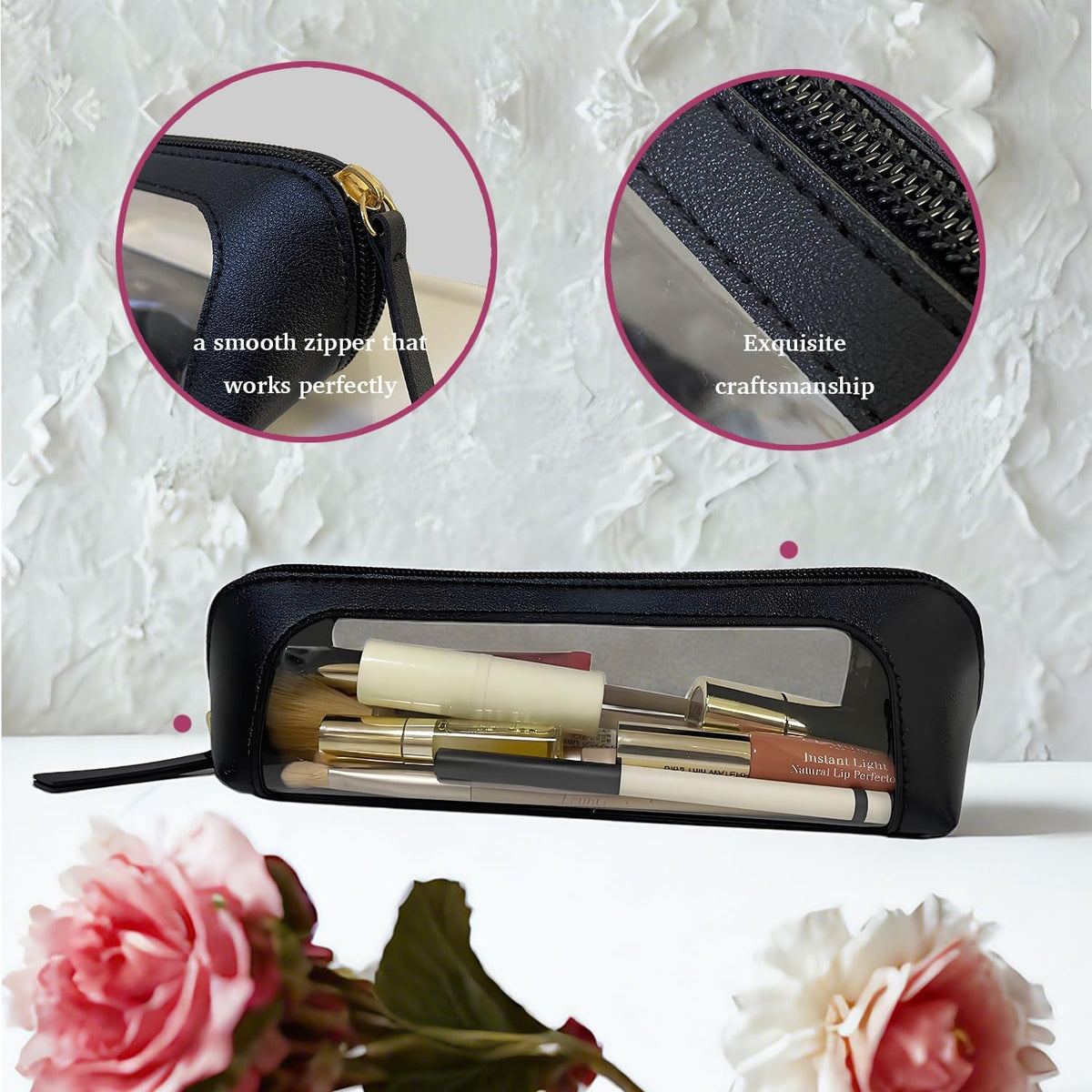 Clear Makeup Brush Bag Case Leather Travel Organizer with Zipper - Black