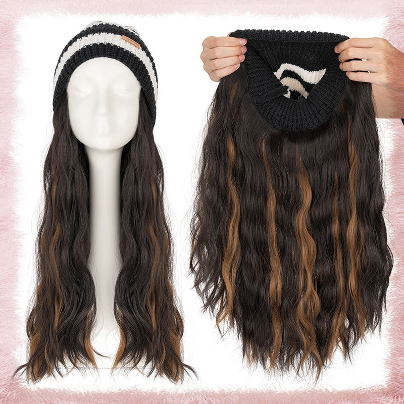 Women Knitted Wavy Wig Winter Beanie Hat - Long Curly Synthetic Hair