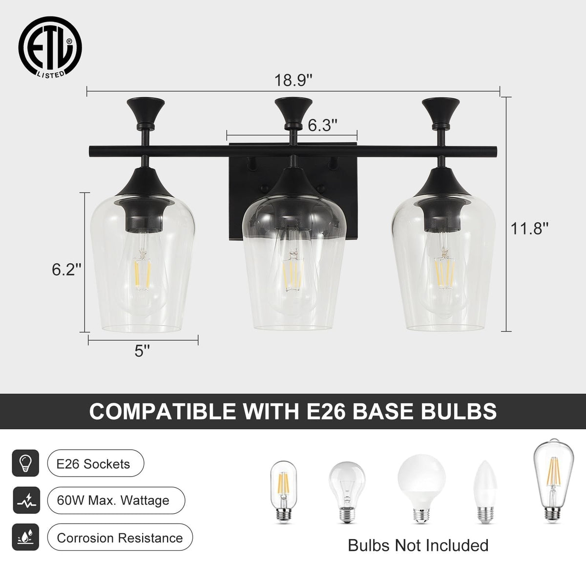 3-Light Matte Black Bathroom Vanity Light Fixture with Clear Wine Glass Shades - Modern Wall Sconce, 19 Inch