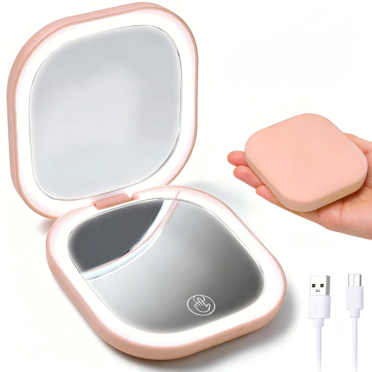 Pink LED Compact Mirror with 1X & 5X Magnification and 3 Light Settings