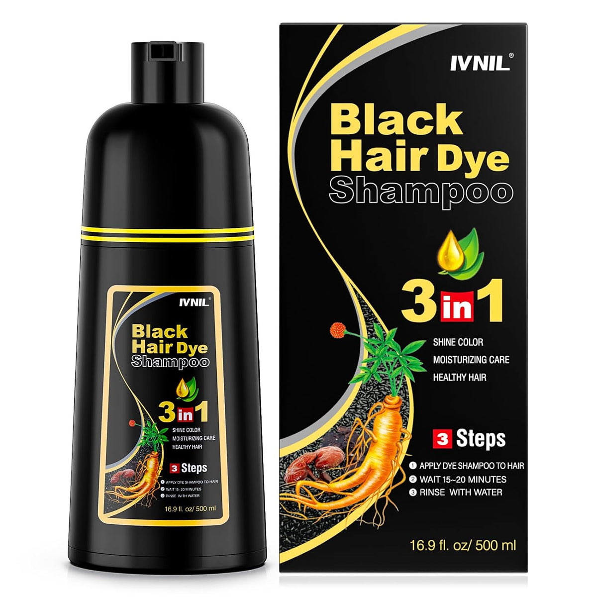 Black Hair Dye Shampoo 3-in-1 Semi-Permanent Color